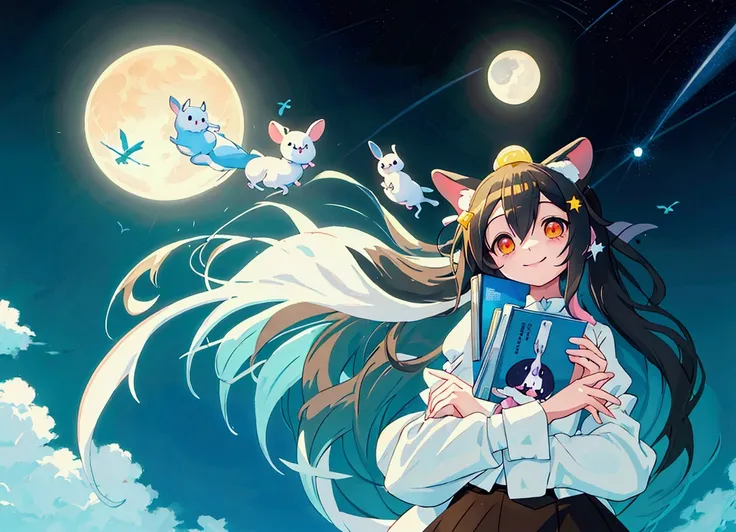  cartoon girl flying in the sky with two little mice, 1 smiling  girl、cute chinchilla,Gazing at each other、 mice that flew in from the moon、Fun illustrations、  dreamy illustration ,  beautiful night on the moon , star々A meticulous masterpiece of , ren&#39;...