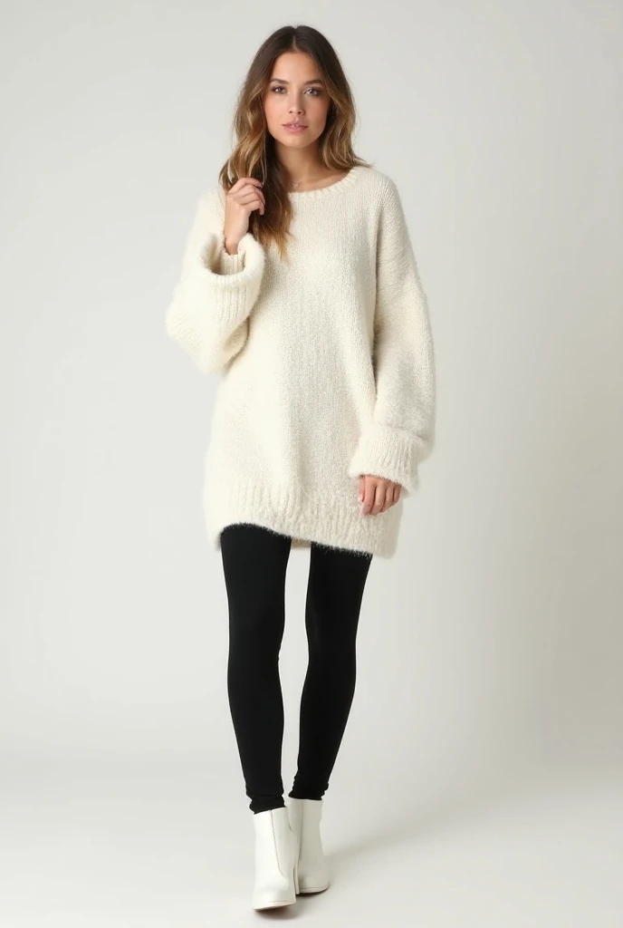 White Oversized Sweater + Black Leggings

Cozy up with a chunky white sweater over black or gray leggings.

Add white ankle boots or sneakers for a casual yet chic vibe.with perfect background 