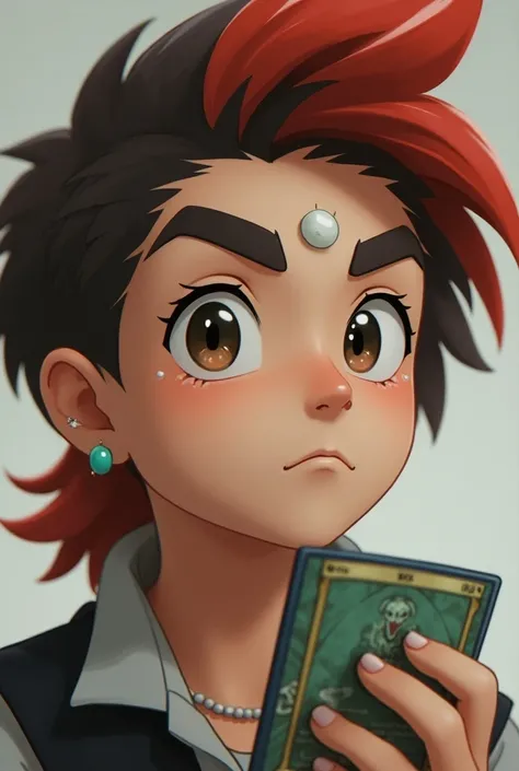 Create a white-skinned boy with slanted brown eyes with a little green and dark brown hair with red mullet-cut locks who has a Pokemon card in his hand and who has a ball eyebrow piercing