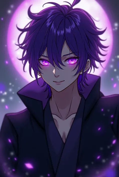 A character male purple hair and wearing haori big eyelashes and glowing purple eyes abd he is tall