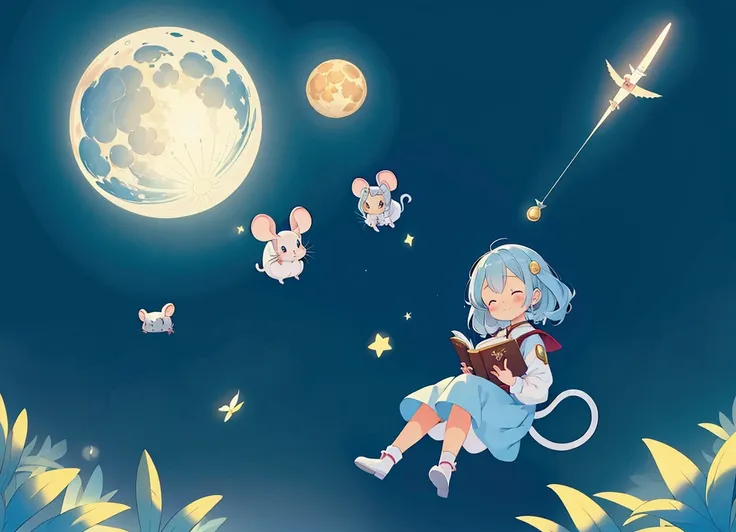  cartoon girl flying in the sky with two little mice, 1 smiling  girl、Cute chinchilla,Gazing at each other、 mice that flew in from the moon、Fun illustrations、  dreamy illustration ,  beautiful night on the moon , star々A meticulous masterpiece of , ren&#39;...