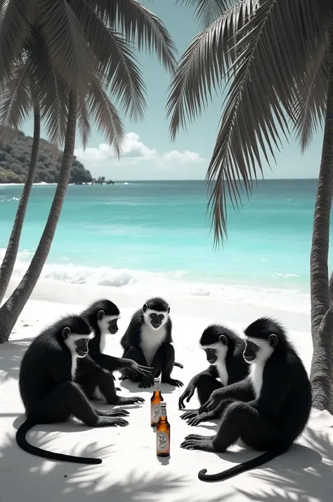 Black and white monkeys on the beach with palm trees and beers 