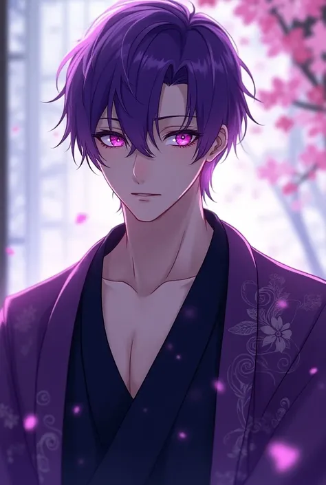 A character male purple hair and wearing haori big eyelashes and glowing purple eyes abd he is tall make him sexy and bleach artstyle