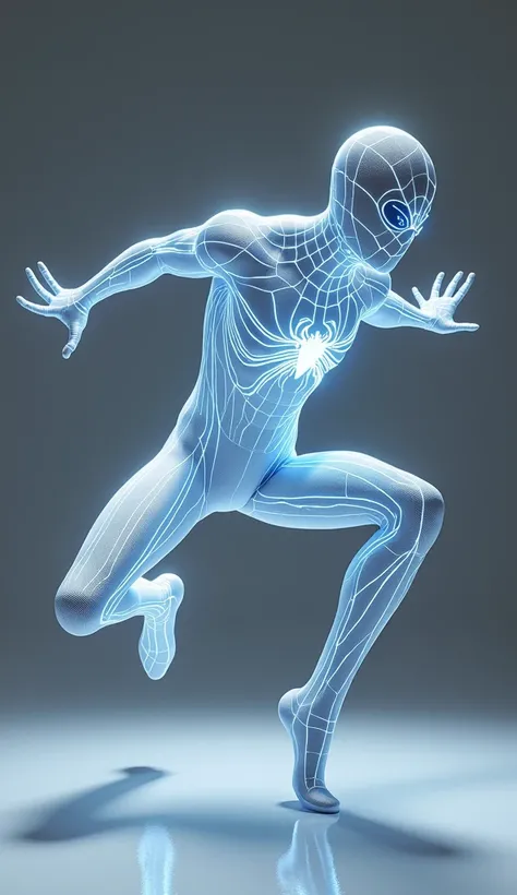 A highly-detailed Spider-man in a white suit with glowing blue design lines, photorealistic, 8k, (best quality,4k,8k,highres,masterpiece:1.2),ultra-detailed,(realistic,photorealistic,photo-realistic:1.37),HDR,UHD,studio lighting,ultra-fine painting,sharp f...