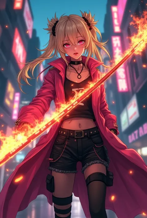 anime woman,           long blond hair      , scar on face, cyberpunk sneakers   , long pink jacket   ,   messy hair,  urban fashion , long ponytail, long side fringe,    red waves , Cabelo multicolorido,   red locks in the hair      , Rosalina from Mario ...