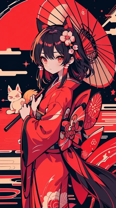 anime girl In kimono outfit holding a red umbrella in front of a lake, Traditional Arts,  red kimono, Anime Cover, Onmyoji, In kimono, narrow, nezuko-chan, In kimono, The fox and the bush, Nightcore, nezuko, Japanese Art Styles, Reimu Hakurei, Beautiful an...