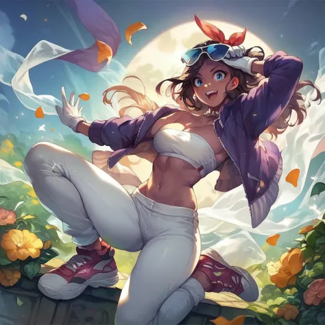 ((score_9, score_8, score_7)), (highly detailed), detailed background, 1girl, Waveswallowxl, mobian, purple skin, beak, long hair, blue eyes, bandana, eyewear on head, jewelry, white gloves, tube top, white pants, sneakers