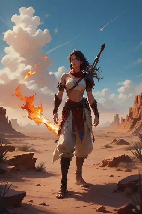 wide shot, desert, (open sky:1.5), fire, red, high fantasy, concept art