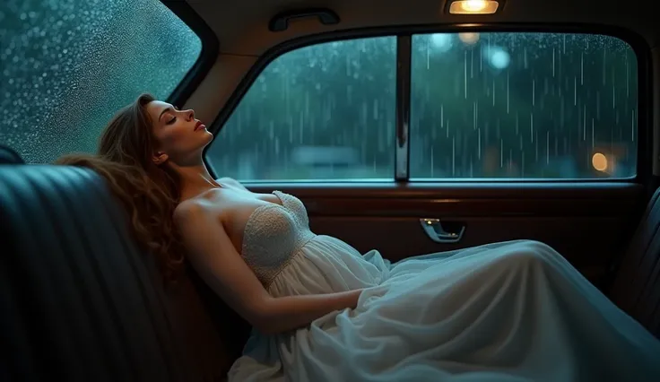 a beautiful hot moms,38 years old,long hairs,sleeping,breast size 27,big butt, peacefully in the back of a car,wearing a white dress, rain falling outside the large window, in the rain,dark lighting, photorealistic details, natural skin tones, relaxed expr...