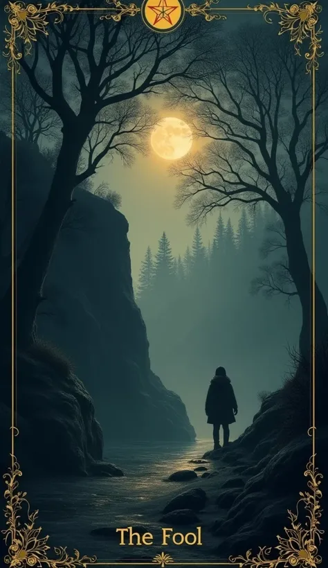  I want to draw the fool card in tarot ,  with a dark theme , mysterious that is quiet and simple but must also clearly express the meaning of the card through images and the card will pay more attention to the scene that occupies the scene more than the p...