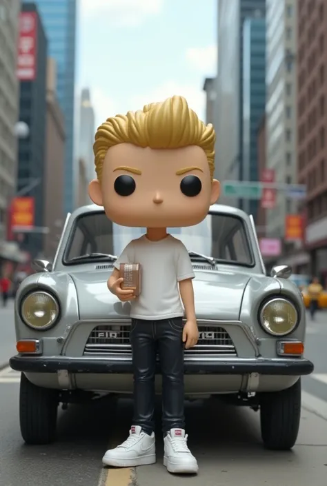  Create a funko pop skinny boy ,   medium height  , white pele, blonde hair with a pompadour, black jeans, Air Force 1, white shirt, holding a small box in his hand ,  leaning against a silver Fiat Punto Tjet with black rims against a background of a big c...