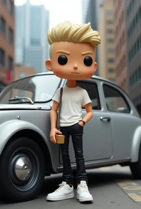  Create a funko pop skinny boy ,   medium height  , white pele, blonde hair with a pompadour, black jeans, Air Force 1, white shirt, holding a small box in his hand ,  leaning against a silver Fiat Punto Tjet with black rims against a background of a big c...