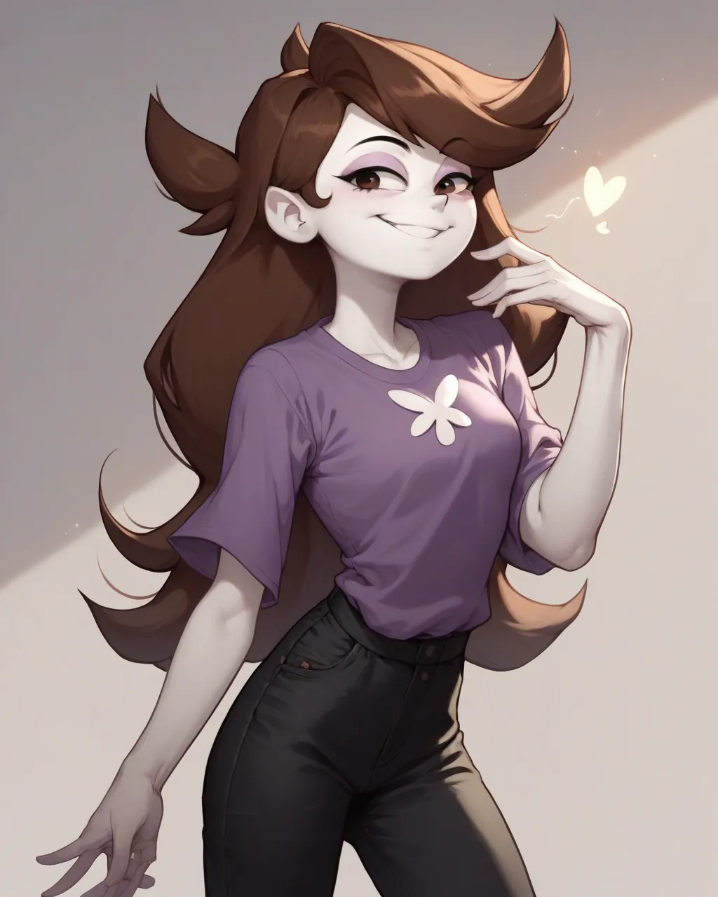 rating safe, 1girl, female, solo, standing, jaiden animations, purple shirt, black pants, brown hair, long hair, white skin, jai...