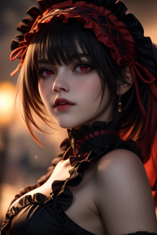 a girl, Kurumi Tokisaki, with striking red eyes, beautiful detailed eyes, beautiful detailed lips, extremely detailed face, long eyelashes, bright red eyes, fair skin, dark hair with long twintalls, wearing a lolita_fashion dress, a lolita hairband, wearin...