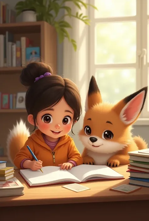 A furry animal helping a girl to study