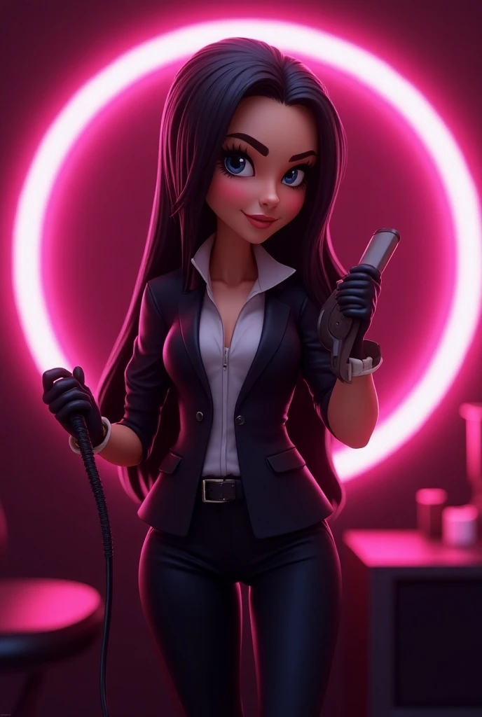  A female character with a 3D cartoon style , with long, straight black hair .  The character wears a hair iron in one hand and wears stylist clothing ,  with black gloves.  She is in a friendly and professional pose .  The background is dark with a circle...