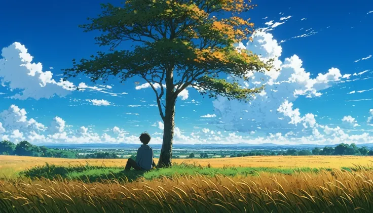 Quiet, sunlit rural scene in a vibrant  detailed anime style.  scene of a boy sitting next to a tree in an autumn prairie, Looking at the vast blue sky , Tall Grass, makoto shinkai cyril rolo, 4K Anime Art Wallpaper , Small grass, shadows on the leaves of ...