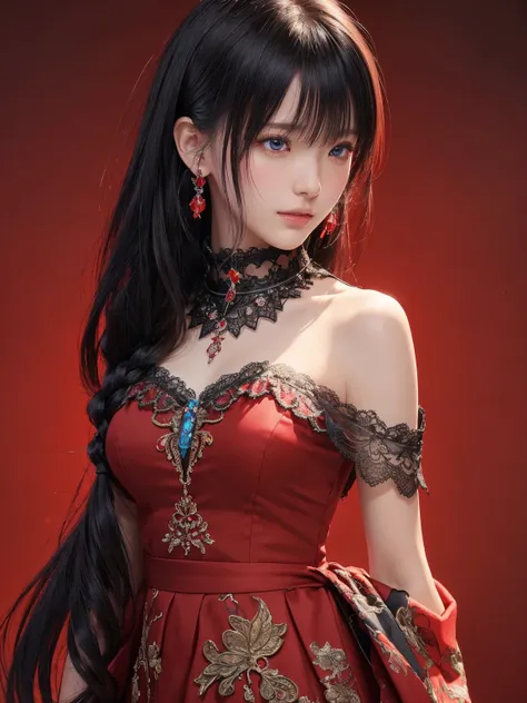 ((Best Quality)),(  super high resolution ),( very detailed),( detailed explanation),(( best CG )),(a masterpiece), super detailed art、See-Through 2.0、Outside the shoulder、 clevis、 red background 、