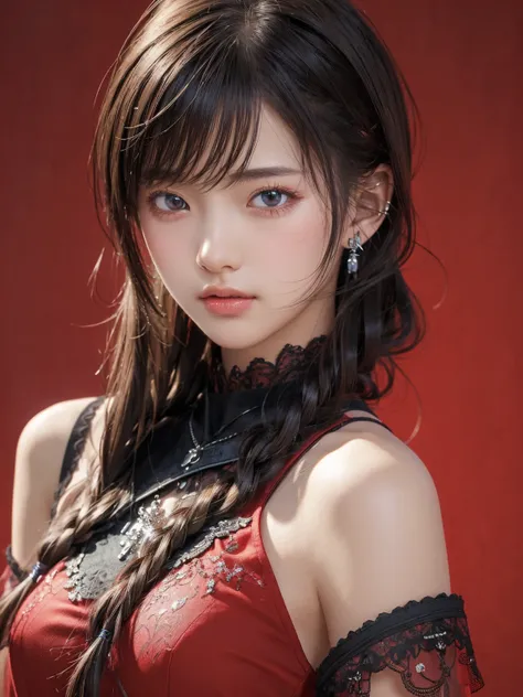 ((Best Quality)),(  super high resolution ),( very detailed),( detailed explanation),(( best CG )),(a masterpiece), super detailed art、See-Through 2.0、Outside the shoulder、 clevis、 red background 、