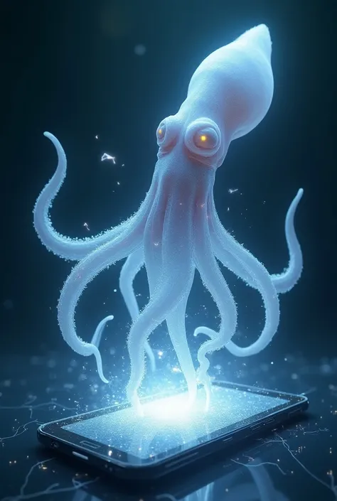 The squid stands upright on the phone screen