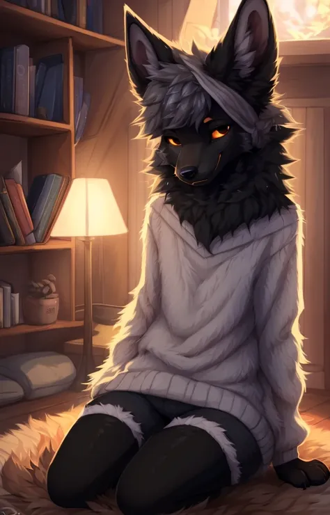  ((by reysi)),  Best quality, super detailed illustration, warm colors, Ideal lighting, (Fluffy boy dog:1.6), (Black fur:1.5) ,feminine face and body, disheveled thick gray hair, short shorts, long black stockings, Long-sleeved sweater, in a cosy room, smu...