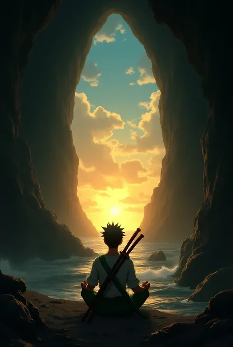 Roronoa zoro sitting biggest dark cave and see sun set