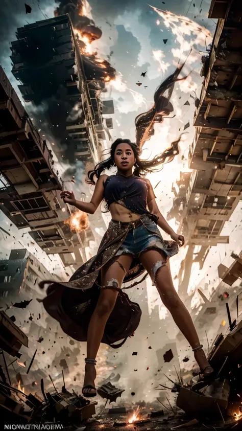   A beautiful Indonesian girl is being bounced high by a devastating bomb blast that destroys everything nearby including all her clothes, very realistic, very detailed, not a cartoon , 