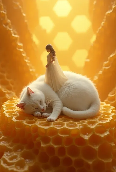 the cat is sleeping on a honey comb,and female stepping on her