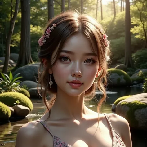  Beautiful girl in the woods、 Sunlight shining through the trees 、 A quiet afternoon after the rain 、 Beautiful, soft lighting 、Detailed portrait、写真のように real、8k、 high quality、masterpiece、 bright colors、 real、Detailed skin、 detailed eyes on board、Detailed l...