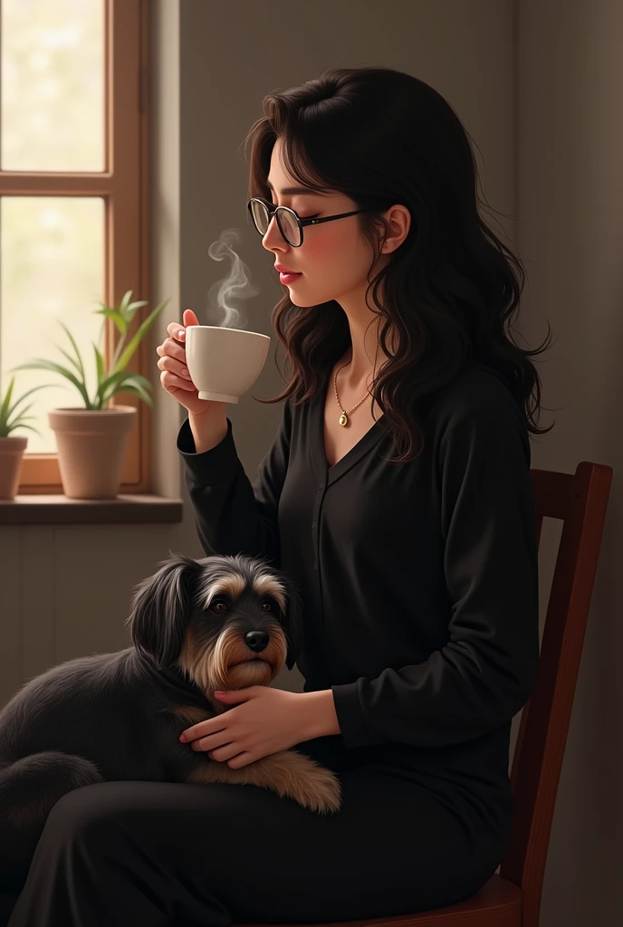 Trigeña woman sitting with her eyes closed and glasses drinking coffee dressed in black with wavy hair who looks tender and with a Schnauzer dog on her legs