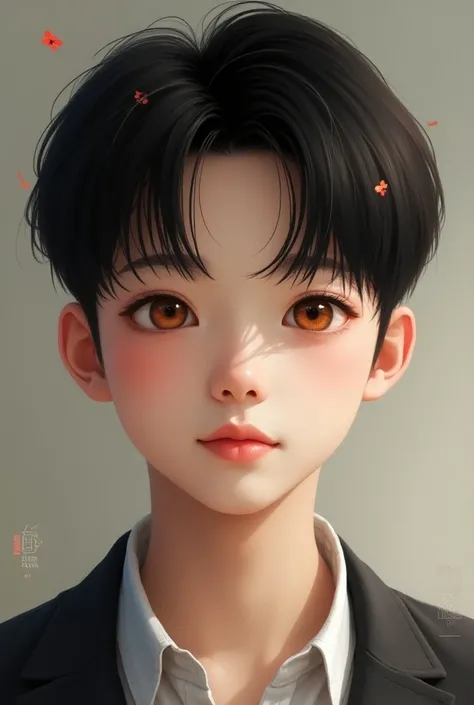  make a teenage boy with Korean features, black hair with reddish rays , brown eyes and white skin