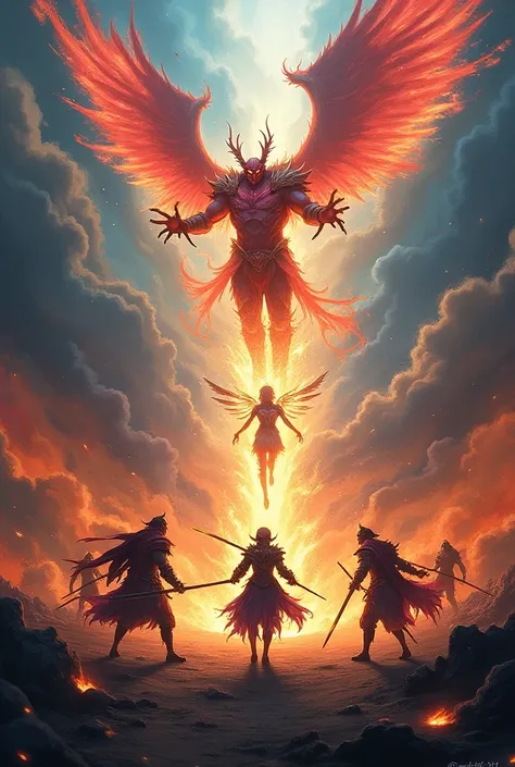  Recreate an epic battle scene between 2 bands of anime-style warriors and a demon rising in flames from the beginning hell and, on the contrary, an angel falling from the sky with his wing and wings, The combat is on earth ,  but it adds portals of heaven...