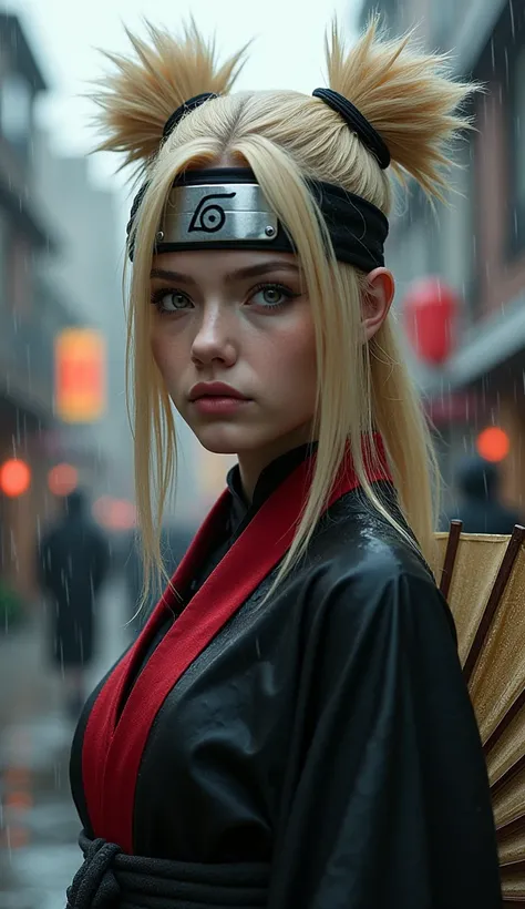 Close up portrait of a woman modeled after the character Temari from the anime series Naruto Shippuden, black and red kimono, she stands in the rain, Konoha headband. With his head turned to the side and his eyes looking directly at the camera. his blonde ...