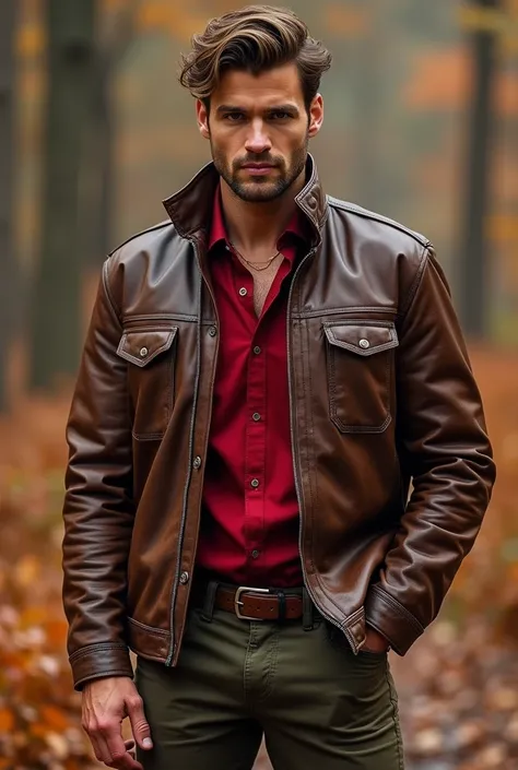 blood red shirt with Brown Leather Jacket  ,  choose his pants for deep autumn undertone