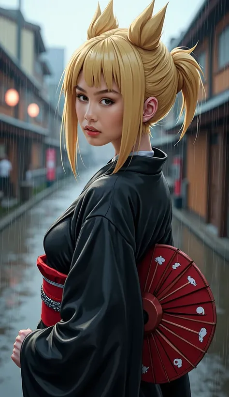 Close up portrait of a woman modeled after the character Temari from the anime series Naruto Shippuden, black and red kimono, she stands in the rain,With his head turned to the side and his eyes looking directly at the camera. his blonde hair was styled in...