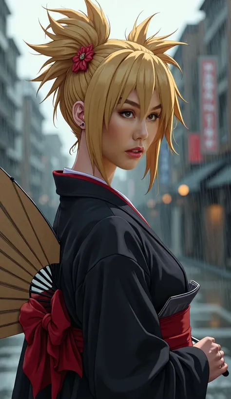 Close up portrait of a woman modeled after the character Temari from the anime series Naruto Shippuden, black and red kimono, she stands in the rain,With his head turned to the side and his eyes looking directly at the camera. his blonde hair was styled in...