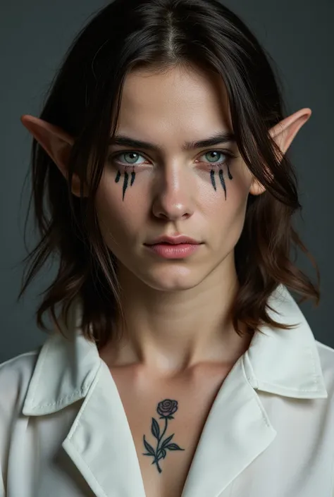 Create a man with pointed elf ears , cyan blue eyes, black makeup,  a rose tattoo on the left side of his neck,  long wavy dark brown hair with a face with fine lines, wearing a white silk blouse 