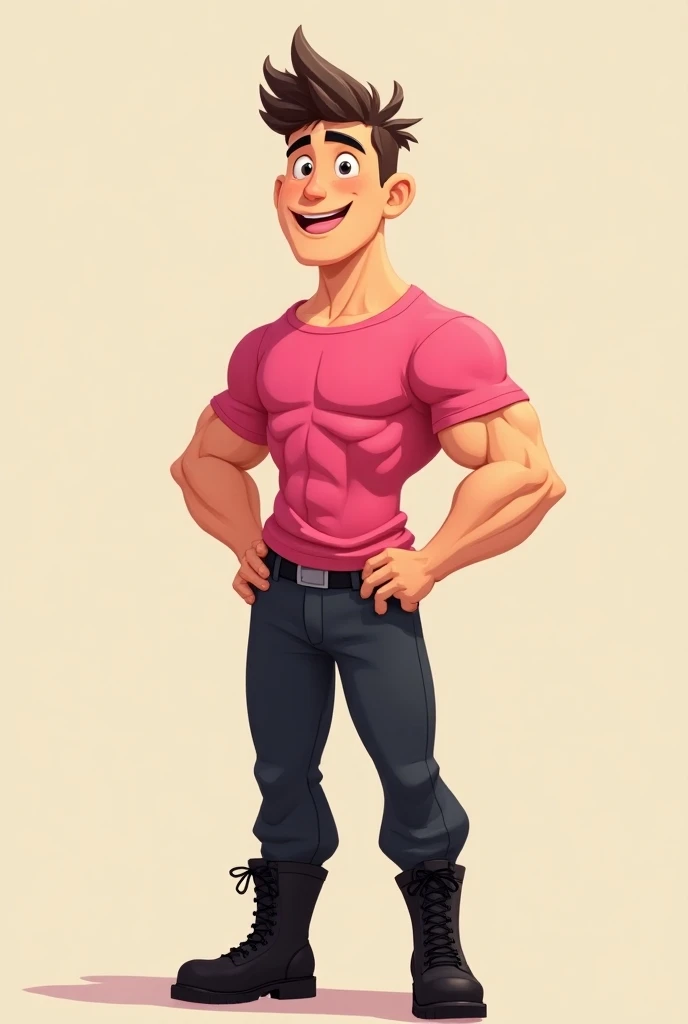 20 year old boy
With a pink shirt
Black pants
Strong and tall physique 
And with black military boot
Cartoon style