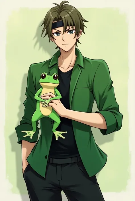  create a male character from the series Beyond the Garden ,  you can put a green long sleeve shirt on it , That he is holding a toad , black pants and a black band on the forehead and that the art style is the same as the series known beyond the garden an...