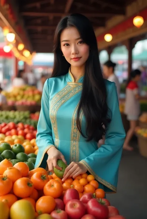 Advertisement ,  Asian woman with long shiny black hair ,  using gold striped sky blue guan ,  menjijing a bunch of fresh fruit in a traditional market