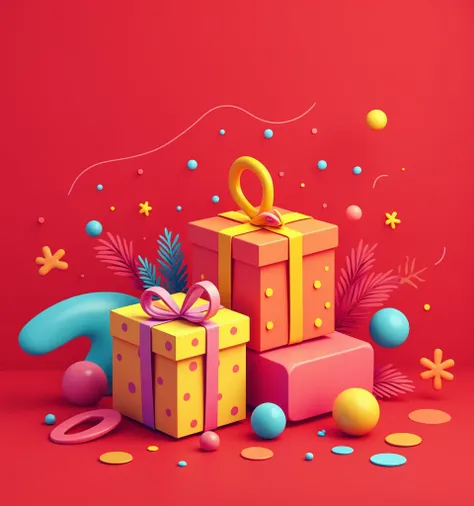 Colorful geometric shapes, cartoon gift boxes, circles, flowing liquid shapes, flattening, vectors, color blocks