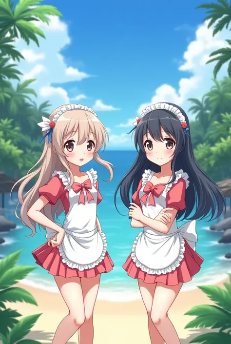   Beautiful Anime Girl 、Twin sisters in elementary school、Okinawa　Maid Swimsuit　  no panties