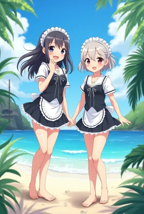   Beautiful Anime Girl 、Twin sisters in elementary school、Okinawa　Maid Swimsuit　  no panties