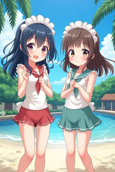   Beautiful Anime Girl 、Twin sisters in elementary school、Okinawa　Maid Swimsuit　  no panties