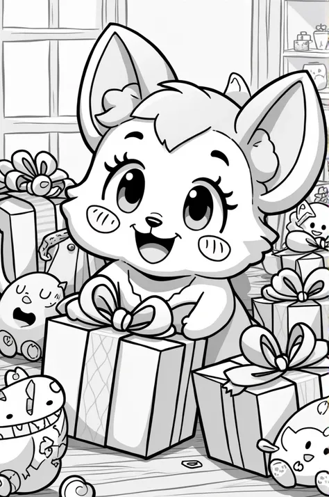 Make a coloring picture about ren with very happy gifts