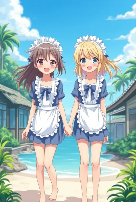   Beautiful Anime Girl 、Twin sisters in elementary school、Okinawa　Maid Swimsuit　  no panties