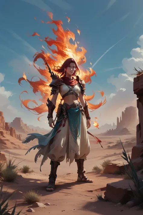 wide shot, desert, (open sky:1.5), fire, red, high fantasy, concept art