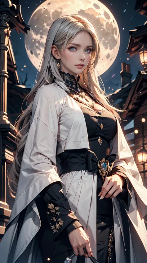 masterpiece,  amazing girl , Night moon Full moon, 1 female,  mature women, sister, Royal sister, Cold Face, Expressionless, A woman with long silvery white hair,  dont include symbols ,  calm , intellectual, Three-striped grey eyes, Assassin&#39;s Short K...