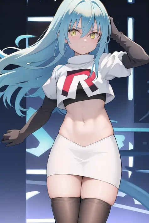 absurdres, cowboy shot, solo, male focus, trap, 1boy, crossdressing,1boy,  rimuru tempest, tensura, yellow eyes, blue hair, long hair, 1other, hair between eyes, looking at viewer, bangs, solo, androgynous, blue colored eyelashes, shiny hair, team rocket,t...