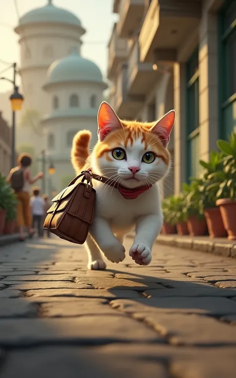 Please make the cat walk fast by carrying a bag